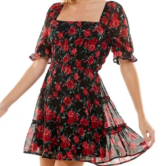 TRIXXI FLORAL RED and BLACK PUFF SLEEVE DRESS- Size MED-NWT - Picture 9 of 14